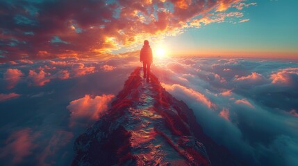 A person stands on a mountain peak amidst clouds during a breathtaking sunset