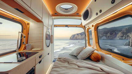 A cozy camper van with a pop-up roof for additional sleeping space