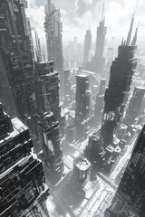 The image shows a black and white futuristic city with tall buildings and a lot of detail.