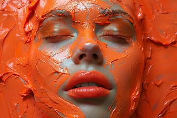Close-up portrait of a beautiful woman with red lips and orange paint on her face