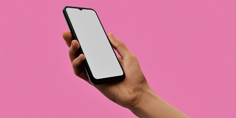 Hand holding smartphone on pink background, ideal for vibrant app displays