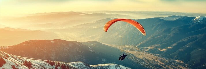 An adventurous paraglider soars majestically over a breathtaking mountain range with a sunset backdrop