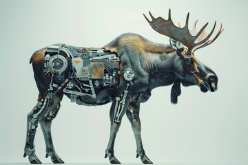 Obraz premium The image shows a steampunk style robotic moose standing on a white background. The moose is made of metal and has a variety of mechanical parts.