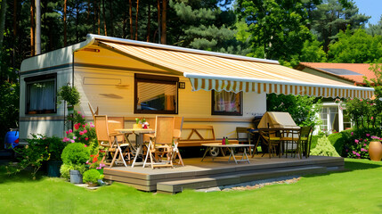 A mobile home with a retractable awning, providing shade on sunny days