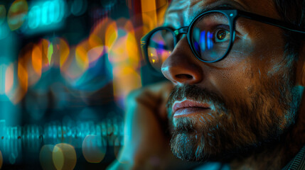 A man with glasses. The image has a blurry background and a colorful, abstract look. The man's face is the main focus of the image, and he is engaged in a conversation