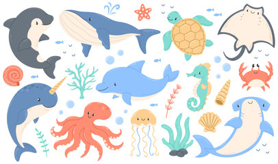 Cute ocean animals in cartoon flat style. Cute whale, dolphin, killer whale, octopus, crab, shark, turtle, stingray, seahorse, jellyfish. Vector illustration.