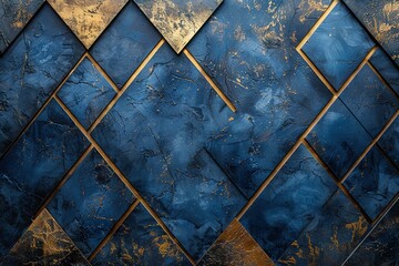 Luxurious Dark Blue Abstract Template with Geometric Triangle Pattern and Golden Striped Lines on Black