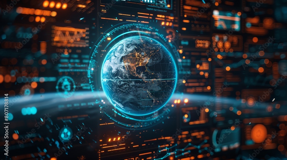 Poster a digital interface with a globe symbolizing global connectivity