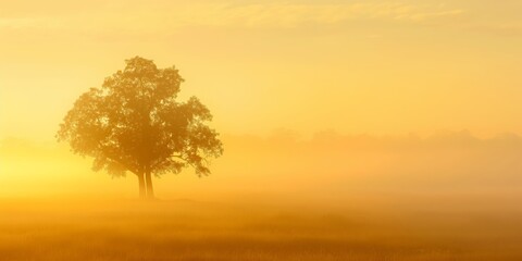 A majestic lone tree stands out against a misty, golden sunrise in a serene, open field, symbolizing peace and new beginnings