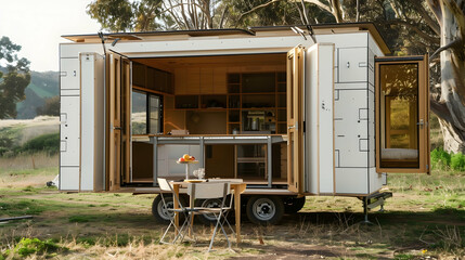 A portable house with a fold-out dining table that can seat up to six people