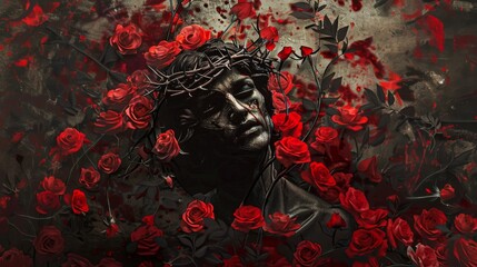Fototapeta premium A haunting portrait of a thorn-crowned figure surrounded by vibrant red roses. The striking contrast between the somber expression and the vivid blossoms evokes a poignant blend of beauty and sorrow.
