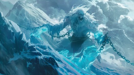 A ghostly figure bound by icy chains against a stark, snow-covered mountainous backdrop. The ethereal blue and white hues emphasize the cold, unforgiving nature of this mythical landscape.