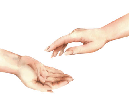The hands of a white woman, one accepts the other gives. Realistic hand-drawn watercolor illustration. Composition isolated from the background. For the themes of Women's Day, Mother's Day, Charity