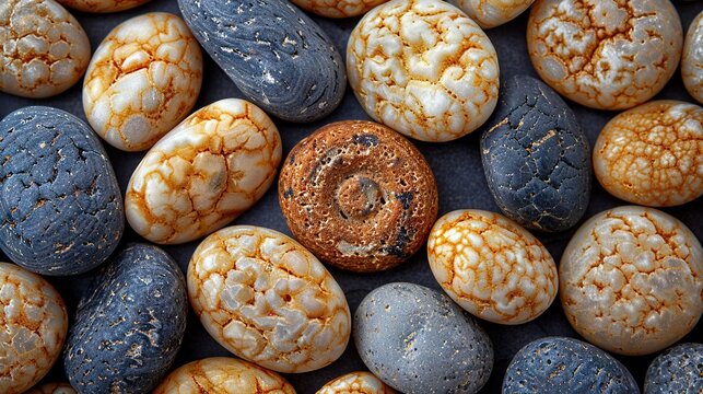   A cluster of various-colored stones encircling a central stone, adorned with a spiral pattern, lies within one of the stones