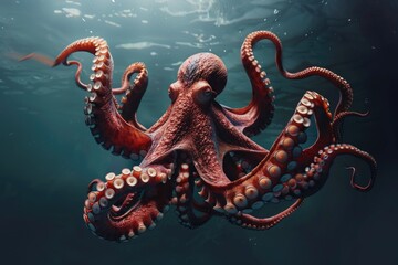 Flight of giant octopus in the deep. Japan East sea  octopus