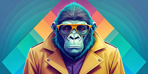 A stylised gorilla wearing yellow glasses and matching trench coat against a colourful geometric background. The gorilla's expression is serious, with bright colours and sharp lines.AI generated.
