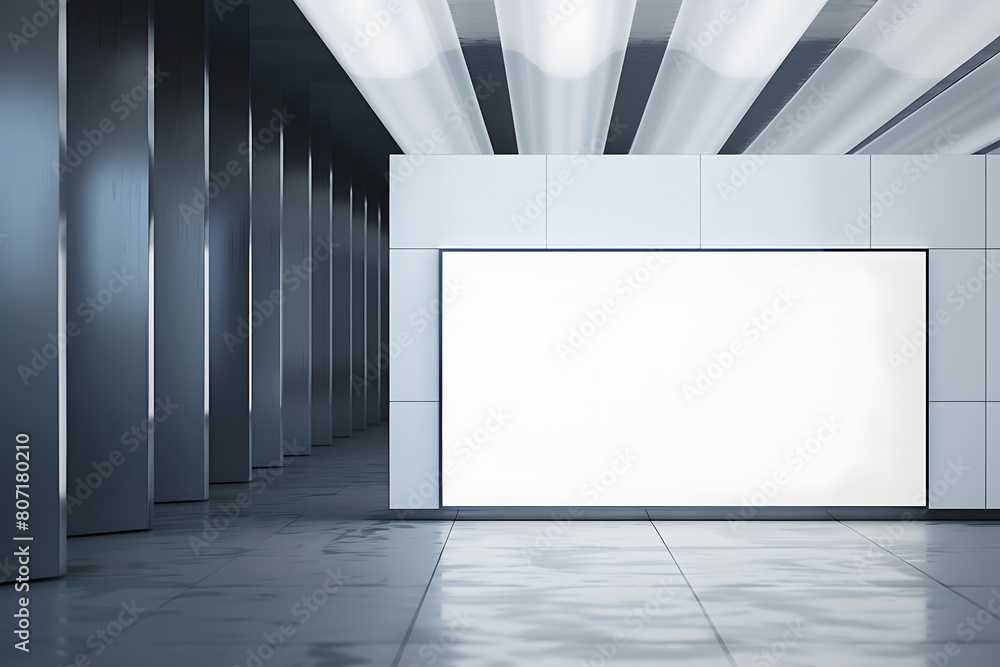 Poster modern designer wall with empty white mock up billboard in empty underground interior. 3d rendering.