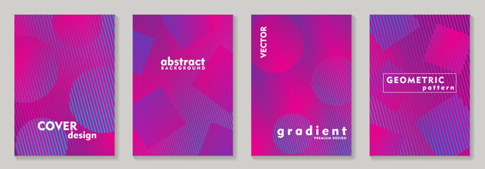 Abstract gradient cover design set with pink and blue geometric shapes. Modern wallpaper background for cover, brochure, catalog, menu design, social media, poster. Op Art vector illustration.