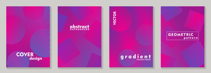 Fototapeta premium Abstract gradient cover design set with pink and blue geometric shapes. Modern wallpaper background for cover, brochure, catalog, menu design, social media, poster. Op Art vector illustration.
