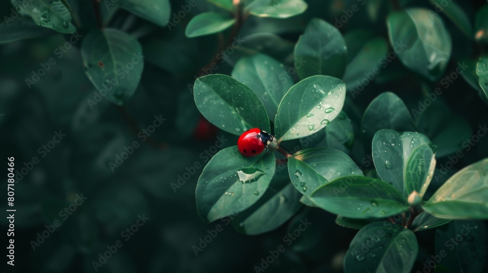 Poster close-up of a ladybug perched on a delicate leaf, its bright red shell contrasting beautifully with 