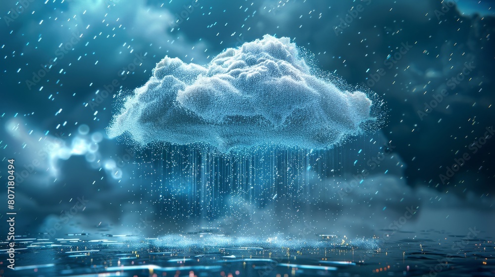 Poster a visual metaphor of cloud services as clouds raining data onto devices, symbolizing data access