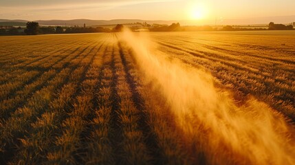 Agricultural fields being sprayed with pesticides, creating a toxic cloud