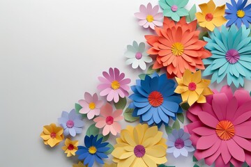 Colorful paper craft flowers arranged in a vibrant bouquet against a flat, white background, perfect for springthemed content with copy space