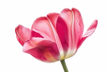 Fototapeta premium A vibrant tulip in full bloom, pink petals curved elegantly, isolated on a white background