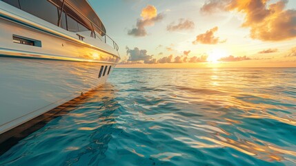 Close-up of a luxury yacht anchored in crystal-clear waters, with the sun setting on the horizon,...