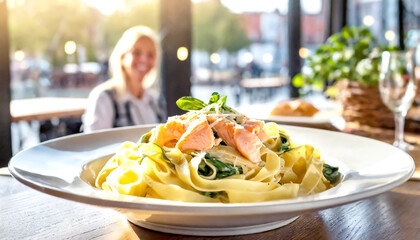 Tagliatelle mit Lachs und Spinat, im Hintergrund ein Restaurant 