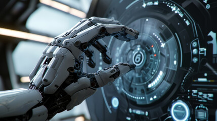 Obraz premium A robot hand is touching a screen. Concept of technology and innovation, as well as the idea of human-like machines interacting with the digital world
