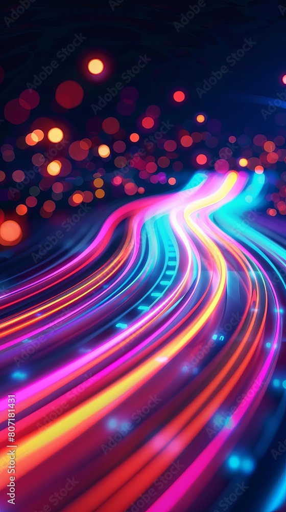 Poster abstract futuristic background with vibrant neon wave lines surging at high speed, interspersed with