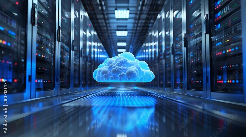 Poster cloud storage portrayed as clouds storing digital information, with a focus on data accessibility