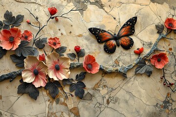 panel wall art, marble background with flowers designs and butterfly silhouette, wall decoration