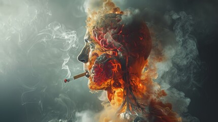 Double exposure of a man smoking a cigarette on a dark background.