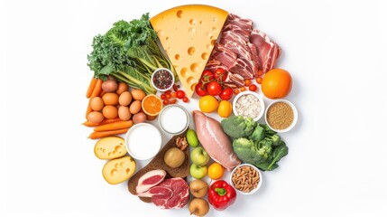 a food group pie chart alongside a pyramid diagram, illustrating the diverse categories of foods including vegetables, fruits, bread, milk, fish, and meat, against a clean white background.