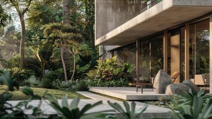 Close-up of a minimalist exterior facade with geometric shapes, neutral colors, and lush landscaping, blending seamlessly with nature.