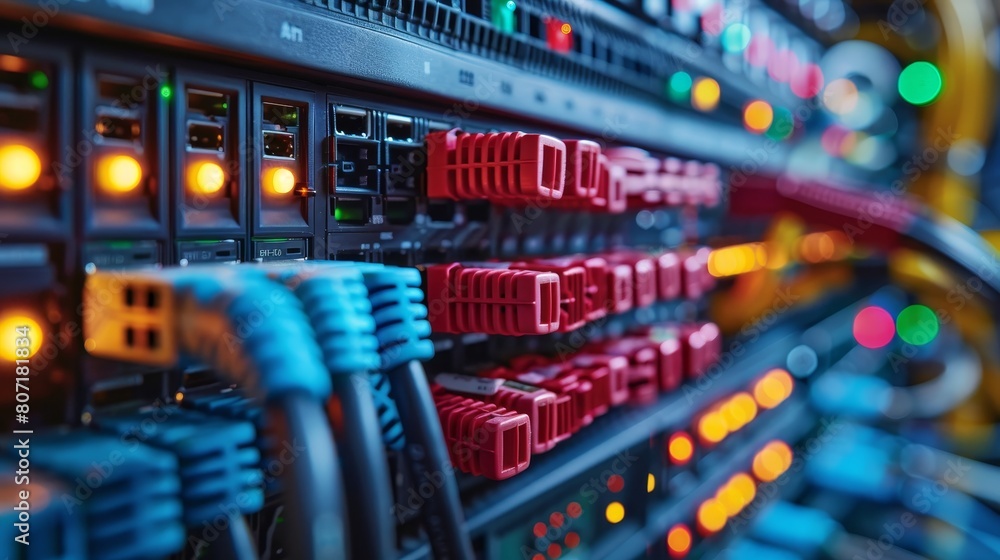 Poster network cables arranged in a neat and organized pattern, leading to various routers and switches