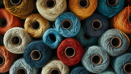 Top view of numerous yarn spools in a textile factory representing the textile industry and cotton manufacturing with space for text or logo