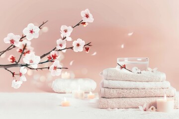 Minimalist design of a spa banner with stacked fluffy towels in soft pastel colors, tealight candles, and delicate cherry blossoms, suitable for a tranquil massage spa environment