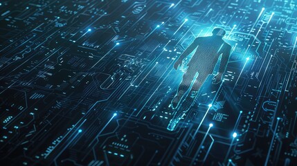 Photorealistic representation of a hackers shadow over digital footprints, illustrating the concept of tracking malicious activities, ideal for cybersecurity training materials