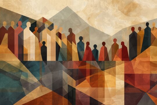 Modern abstract design of the Sermon on the Mount, using geometric shapes and subdued earth tones to depict Jesus and the crowd, suitable for contemporary church artwork