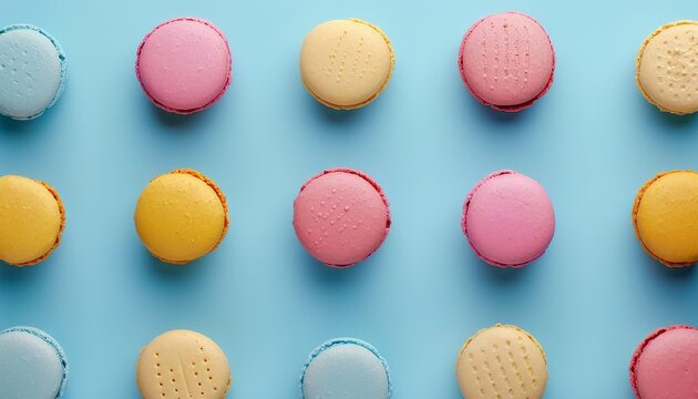 Top view of pastel colored french macarons arranged in a colorful pattern against a blue background
