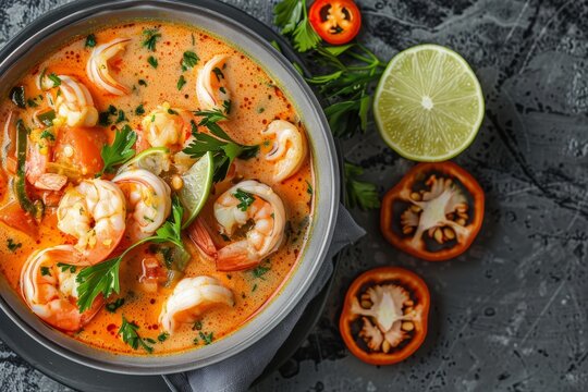 Top view of Peruvian shrimp chowder in a gray bowl
