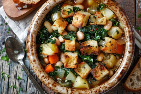 Top view of Ribollita a Tuscan bread soup with vegetables including beans kale cabbage carrot and potatoes Italian cuisine overhead shot