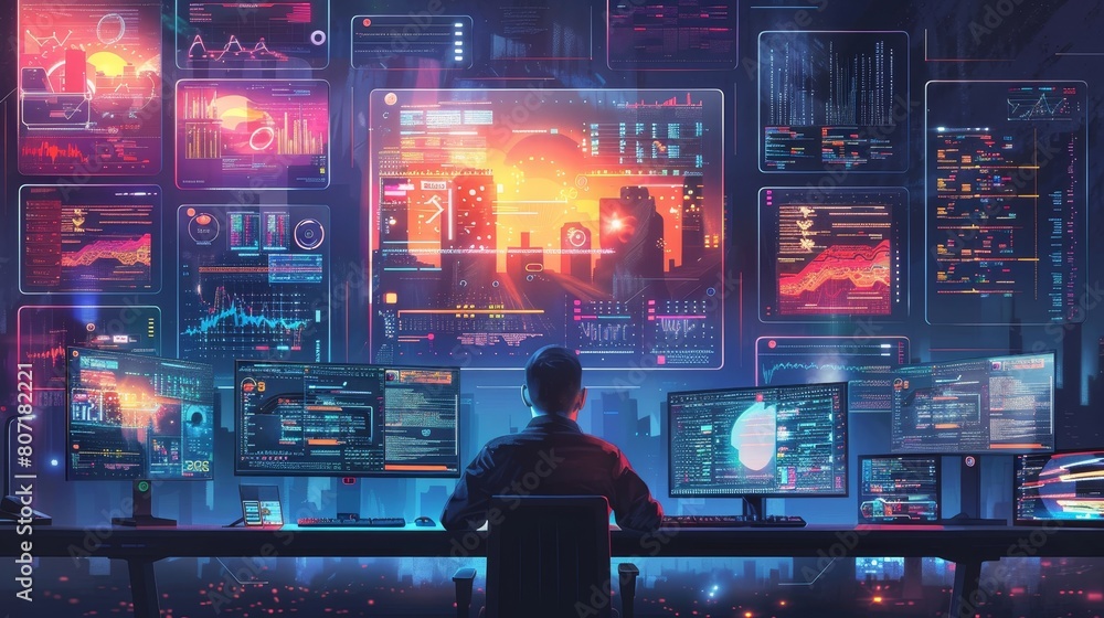 Poster visuals illustrating cutting-edge computer interfaces, including dynamic screens