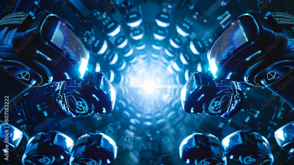 Poster vr headsets arranged in a circular formation, displaying synchronized virtual environments