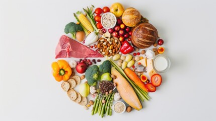 a food group pie chart alongside a pyramid diagram, illustrating the diverse categories of foods including vegetables, fruits, bread, milk, fish, and meat, against a clean white background.