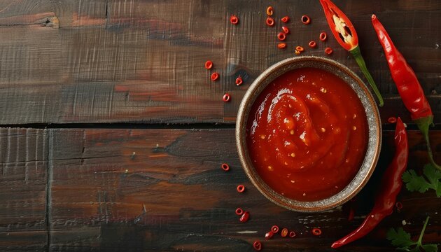 Top view of Sriracha sauce in a bowl on a wooden background