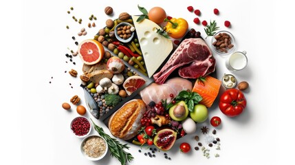 a food group pie chart alongside a pyramid diagram, illustrating the diverse categories of foods including vegetables, fruits, bread, milk, fish, and meat, against a clean white background.